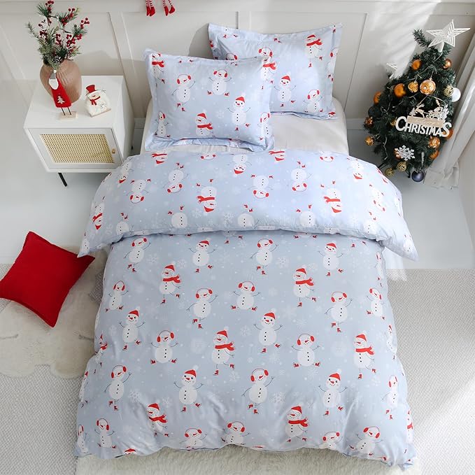 JSD Snowman Kids Duvet Cover Set Full Size, 3 Piece Blue Printed Christmas Microfiber Comforter Cover with Pillow Shams Zipper Closure, Comforter Not Included