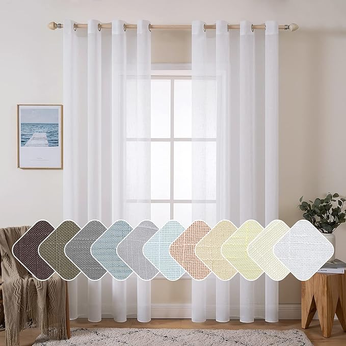 MIULEE Natural Linen Sheer Window Curtains - Elegant Solid White Drapes Grommet Top Voile Panels for Bedroom Living Room (52X90 Inch)