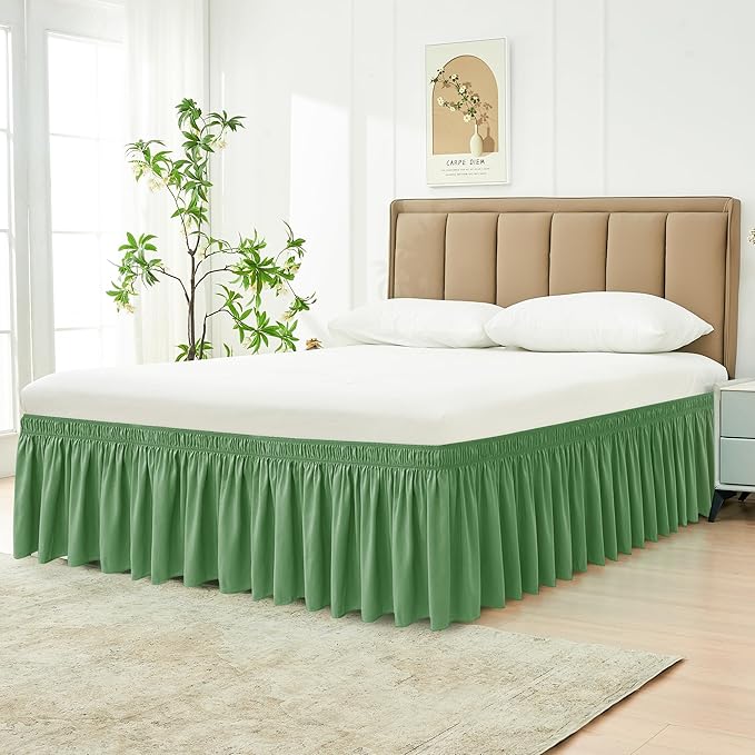 Biscaynebay Wrap Around Bed Skirts for King & Cal King Beds 17" Long Drop, Sage Adjustable Elastic Dust Ruffles Easy Fit Wrinkle Resistant Silky Luxurious Fabric Machine Washable