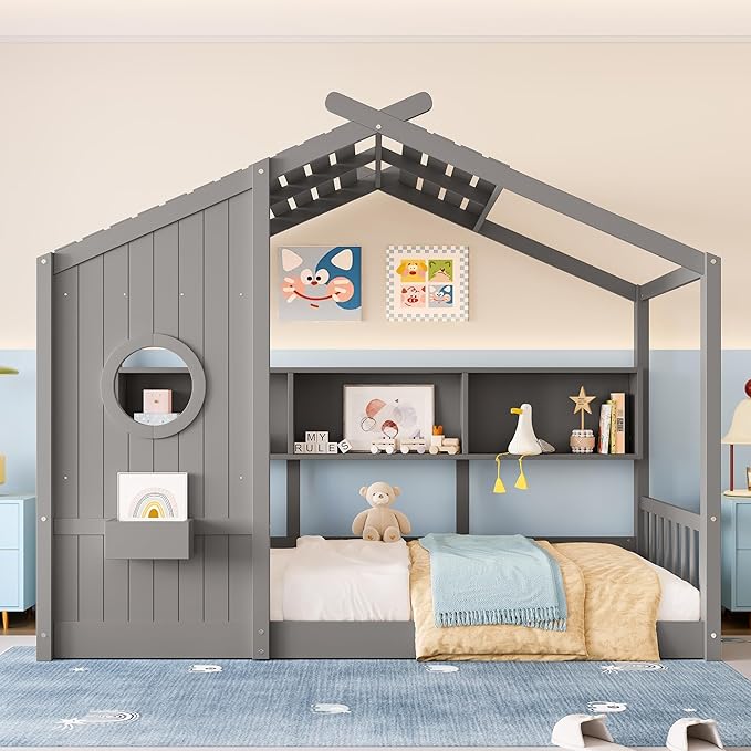 Merax Wood Floor House Bed with Storage Shelves, Twin Size Low Day Bed with Headboard & Wood Slat Support, No Box Spring Needed, Gray