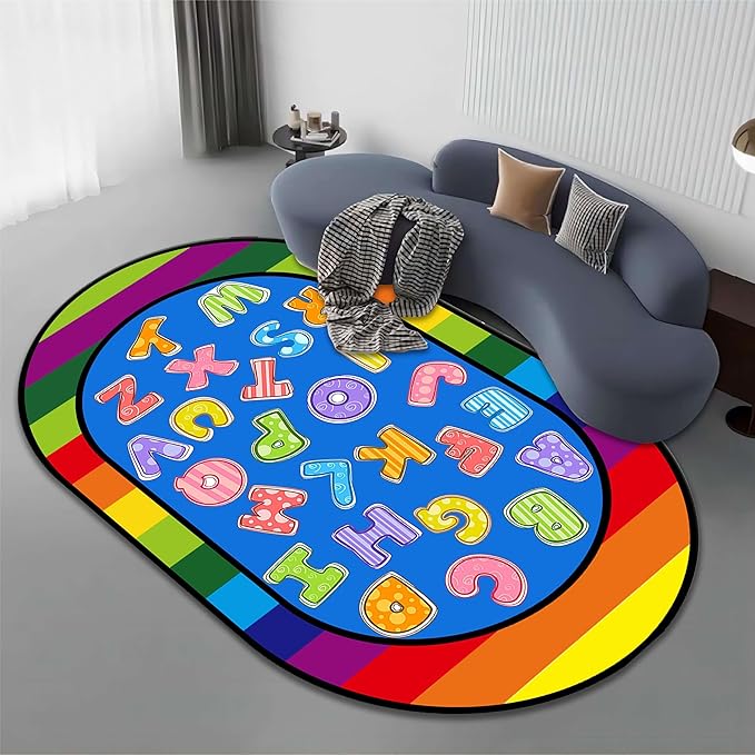 Colorful Cartoon Kid Area Rug, 3x4ft, ABC Alphabet Educational Learning Oval Rug, Rainbow Stripe Border Rug, Non-Slip Indoor Playmat, Children's Gift for Playroom, Bedroom and Nursery