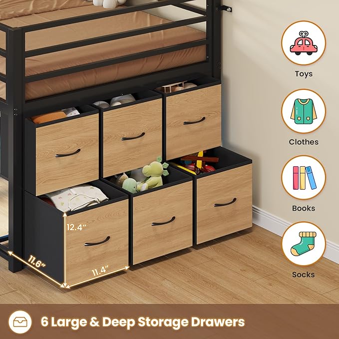 BTHFST Low Loft Bed Twin Size with 6 Storage Drawers, LED Lights, 2 Tier Storage Shelves, Kids Metal Loft Bed with 15" H Stairs & Safety Guardrail, Spave Saving, Black & Natural