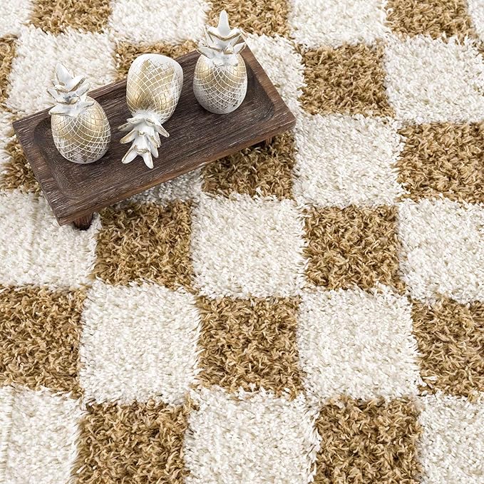 Hauteloom Atira Contemporary Checkered Fluffy Shag Area Rug - Modern Geometric Carpet Tiles for Living Room, Kids Room, Nursery - Plush Pile - Light Mustard, Cream - 8'10" x 12'