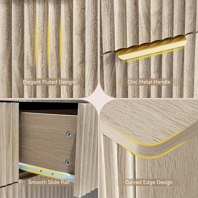 CARPETNAL Fluted 5 Drawers Dresser for Bedroom, 45" Tall Wooden Chest of Drawers with Rounded Corners, Gold Handles, Modern Storage Organizer for Bedroom, Hallway (Beige)