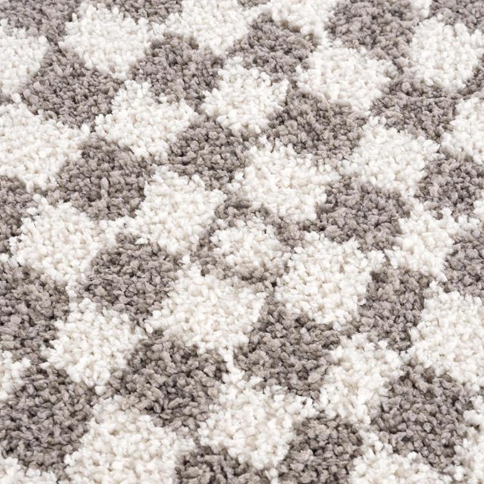 Hauteloom Kieu Contemporary Checkered Fluffy Shag Area Rug - Modern Geometric Soft Carpet Tiles for Living Room, Kids Room, Nursery - Gray, Light Grey, White - 6'7" x 9'