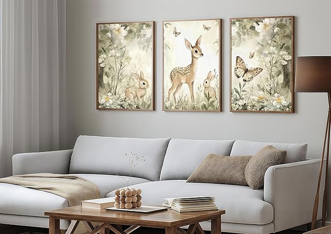 3Pcs Woodland Animal Nursery Canvas Wall Art Cute Forest Animal Wall Decor Pictures Deer and Butterfly Wildflowers Posters Prints for Nursery Bedroom Kids Room Home Decoration Unframed Posters 12X16in