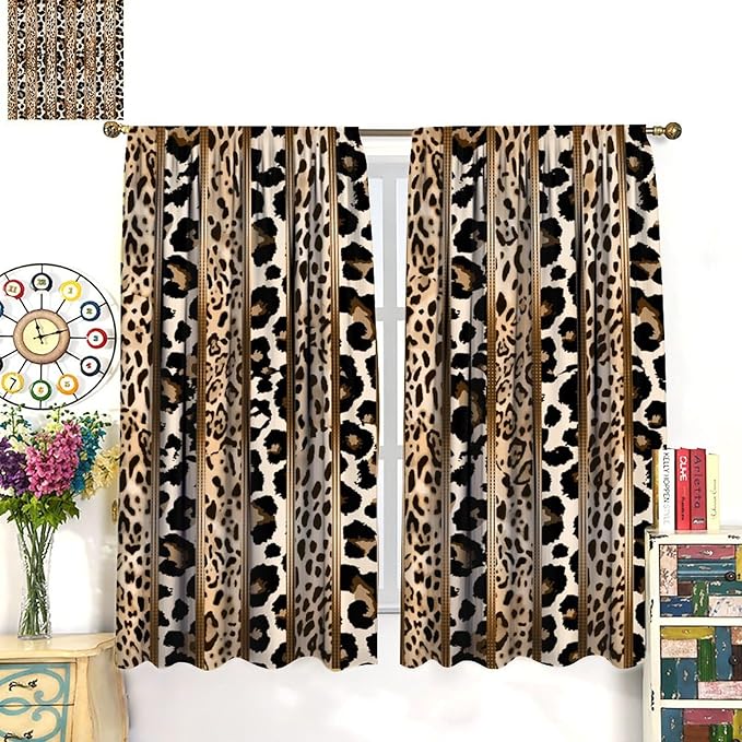 Leopard Curtains, Cheetah Wild Animal Geometric Stripe Wildlife Theme Window Drapes for Bedroom Living Room 42" W X 45" L