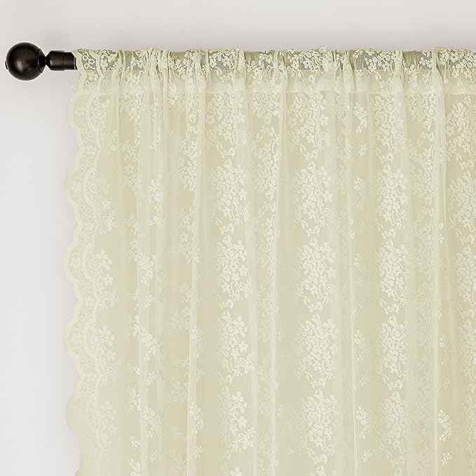 Anmao Vintage Lace Curtains 54 Inches Long 2 Panels Set, Romantic Elegant Light Filtering Semi Sheer Floral Thick Lacy Curtain Drapes for Living Room and Bedroom, Each Panel 55W x 54L, Cream Yellow