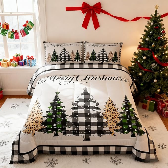 Manfei Merry Christmas Kids Comforter Set Twin Size,Leopard Plaids Pines Trees Bedding,Girls Boys Adults Bedroom/Xmas Cabin Decor,Geometric Grids Retro Down Comforter,Rustic Duvet Insert,1 Pillowcase
