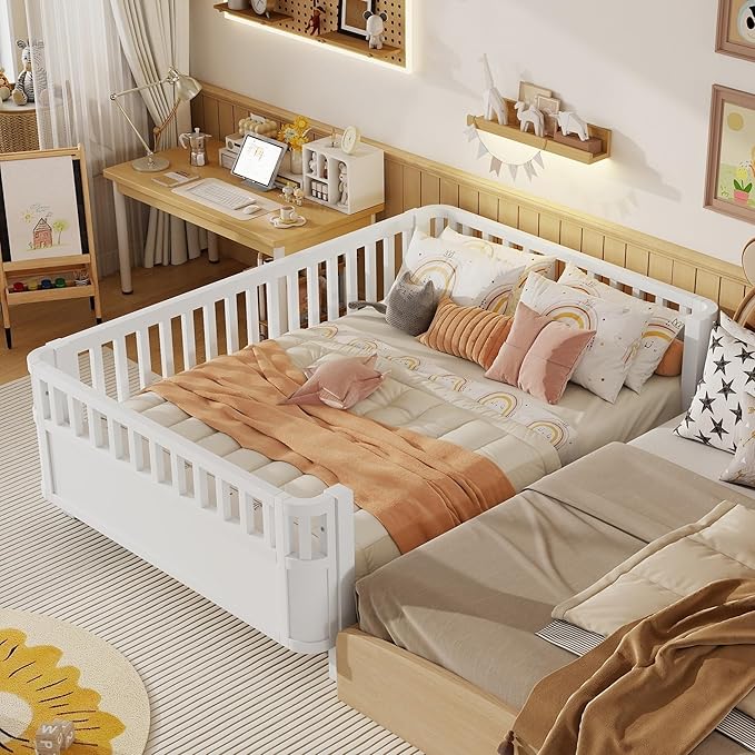 Full Kids Floor Bed Frame with Rails, Wood Low Montessori Platform Bed with Slats Support, Modern Daybed with Detachable Side Rails, Space Saving Kids Beds for Boys Girls Bedroom, White