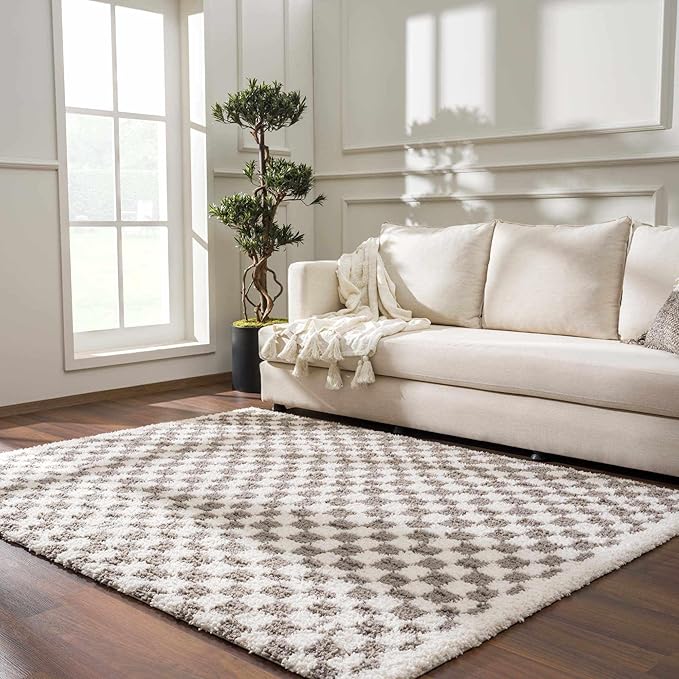 Hauteloom Kieu Contemporary Checkered Fluffy Shag Area Rug - Modern Geometric Soft Carpet Tiles for Living Room, Kids Room, Nursery - Light Gray, Taupe, Gray - 18" Sample