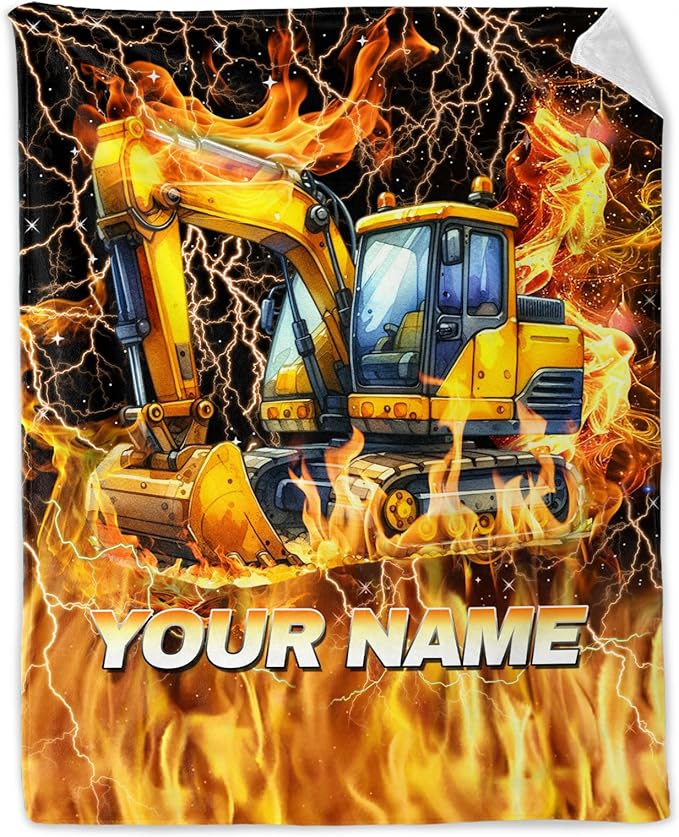 Kids Blanket Gifts Personalized Excavator Blankets for Toddler, Boys - Cozy Fuzzy Truck Flannel Throws Stuff for Couch, Office & Travel