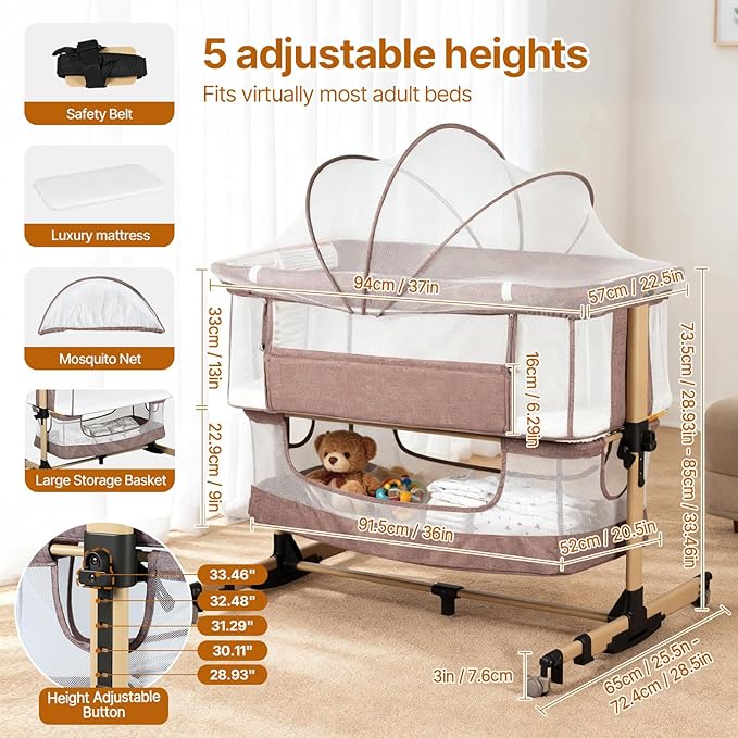 Baby Bassinet Bedside Sleeper, 3-in-1 Bedside Bassinet, 5 Height Adjustable Rocking Baby Crib, Breathable Full Mesh, Mosquito Net, Storage Basket, Stable and Secure Bassinets for Newborn Infant