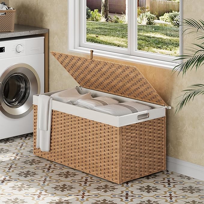 HOOBRO Storage Basket with Lid, 52.8 Gallon (200L) Wicker Basket, Handwoven Blanket Storage Basket with Handles, Metal Frame and Soft Lining, Foldable for Bedroom, Laundry Room, Natural NL220CW01