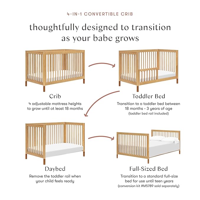 Babyletto Gelato 4-in-1 Baby Crib Convertible to Wooden Toddler Bed, Daybed & Full-Size Bed, GREENGUARD Gold Certified - Made of 100% Solid Wood, Includes Toddler Conversion Kit - Honey with Vegan Tan