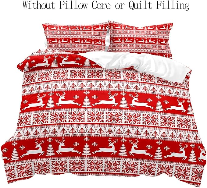 LUVIVIHOME 3PCS Christmas Duvet Cover Full Bedding Set, Red Duvet Cover, White Reindeer Snowflake Christmas Tree Winter Holiday New Year Xmas Striped Comforter Quilt, 2 Pillow Shams