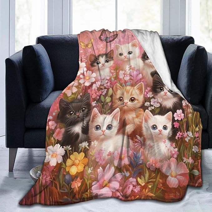 Pink Cat Blanket Funny Cats Throws Pet Animal Print Plush Fuzzy Fleece Blankets Gifts for Girls Boys Super Soft Warm Cozy Butterfly Flower Stuffed for Kids Men Women Bed Sofa Bedding 80"x60"