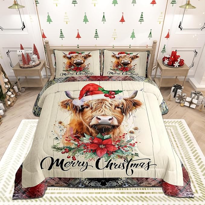 Castle Fairy Christmas Highland Cattle Comforter Set Toddler Size,Red Xmas Flowers Pine Trees Bedding Set for Kids Boys,Rustic Farm Western Animal Wooden Red Green Plaid Quilted Set with 1 Pillowcase