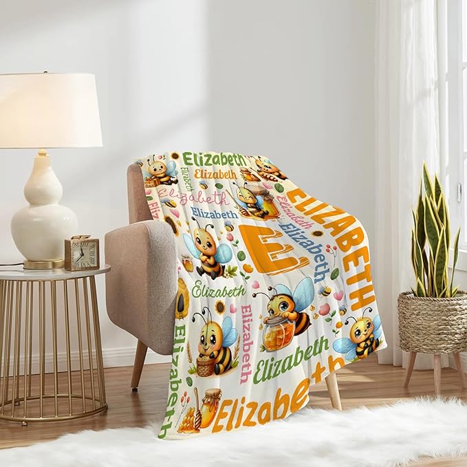 Personalized Custom Honeybee Blanket Gifts for Kids Boys Girls with Name - Customized Honeybee Super Soft Lightweight Flannel Sheets Decor for Crib Nap Couch - 60"x80" for Adult