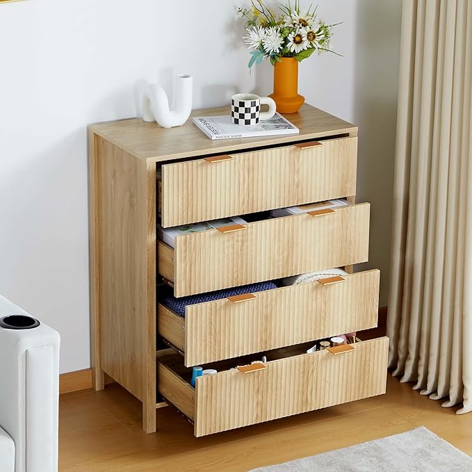 XUZENEST4 Drawer Double Dressers for Bedroom with Waveform Fluted Panel Design, Modern Wide Chest of Drawers,Wood Storage Dresser Chest of Drawers for Bedroom Living Room Hallway Closet,Natural 2 Sets