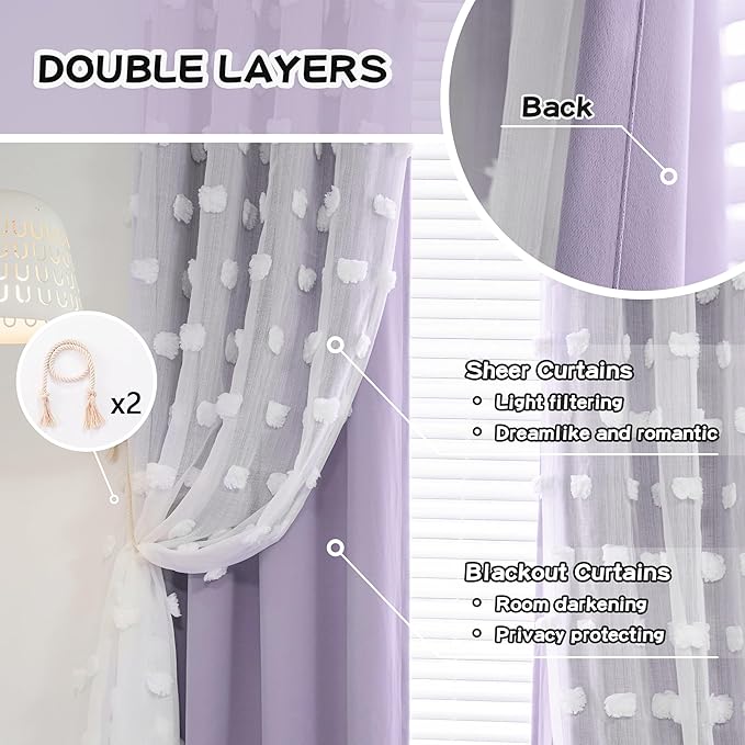 MYSKY HOME Girls Curtains for Bedroom Lilac Curtains 90 Inches Long Nursery Curtains White Pom Pom Sheer Curtains for Dining Room Grommet Double Layer Toddler Room Darkening Window Panels W52 X L90