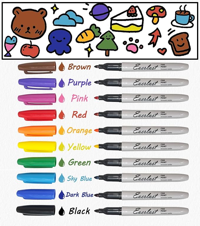 Permanent Marker Set, Fine Point, 10 Pack, Waterproof, Quick Drying, Multicolor Writing Pens for Most Surfaces Permanent Markers