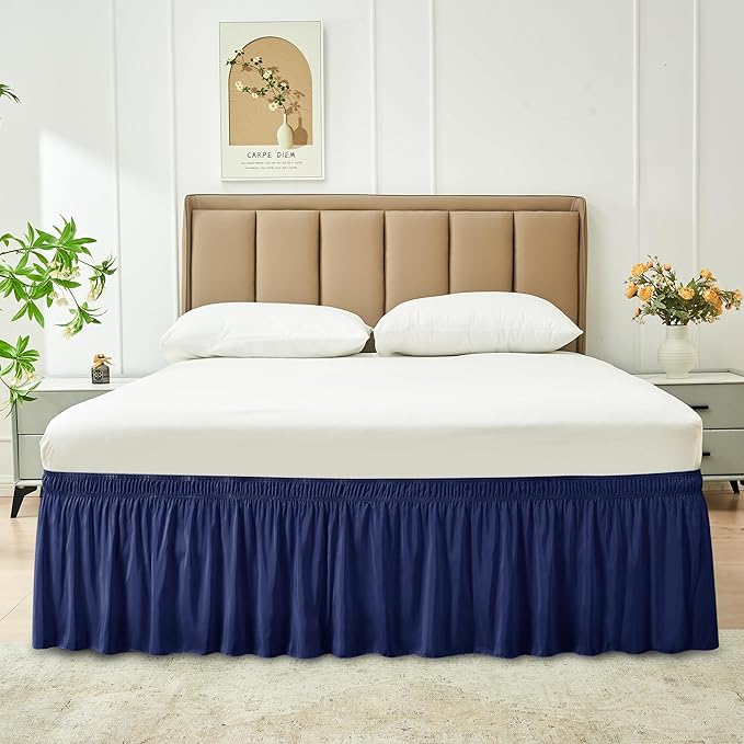 Biscaynebay Wrap Around Bed Skirts for Twin & Twin XL Beds 15" Drop, Navy Adjustable Elastic Dust Ruffles Easy Fit Wrinkle & Fade Resistant Silky Luxurious Fabric Machine Washable