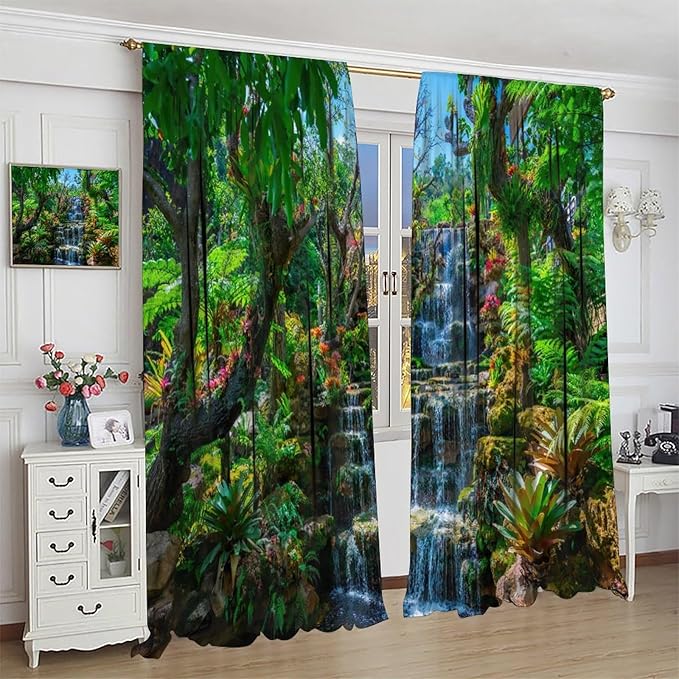 Waterfall Blackout Window Curtains, Spring Forest Nature Landscape Theme Pattern Print Window Drapes, for Living Room Bedroom 63x72in 2 Panels