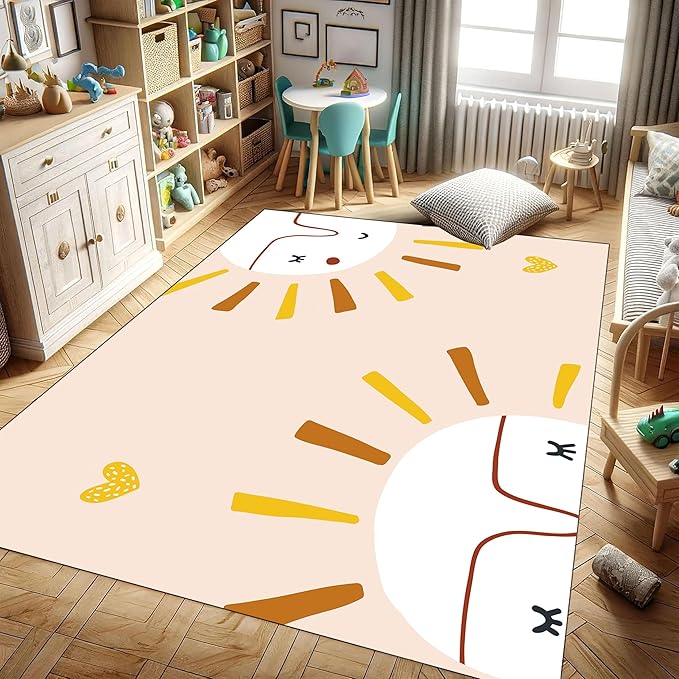 Children's Rug Living Room Plush Area Rugs Educational Rugs Soft Washable Non-Slip Rugs Simple Cute Sun and Love Prints Kids Room Nursery Decor Pink Rugs 5x7ft