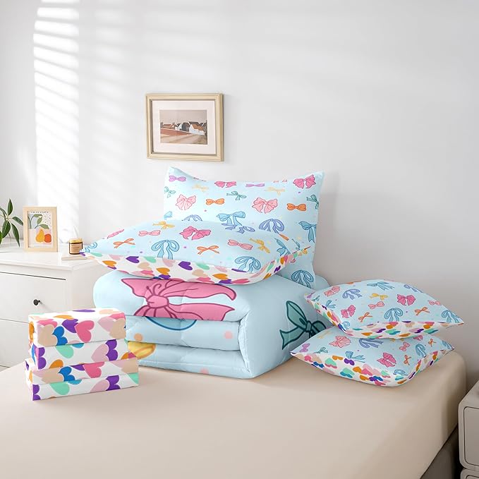 Cartoon Bowknot Kids Comforter King Size,Bow Tie Cute Princess 7 Pcs Bedding Set,Geometric Dot Silk Ribbon Patchwork Room Decor,Pink Blue Dreamy （Fitted+Sheet+2 Pillowcases+2 Throw Pillow Covers）