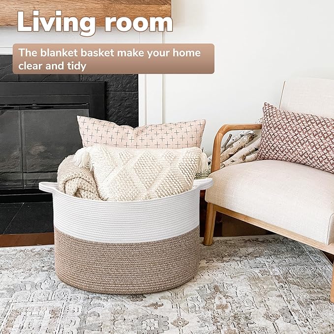 Goodpick Large Storage Basket, 83L Dorm Room Essentials, Blanket Woven Rope Basket for Living Room, Baby Blanket Storage, 21.7 x 13.8 inches
