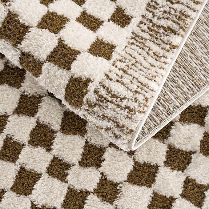 Hauteloom Leryn Living Room, Bedroom Area Rug - Checkered - High Pile - Bone - 6'7" x 9'