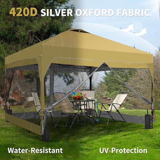 GDY 12x12FT Pop Up Canopy Tent with One Push Setup, Easy Setup Gazebo with 4 PVC Transparent Sidewalls for Events, Parties, Camping, Khaki
