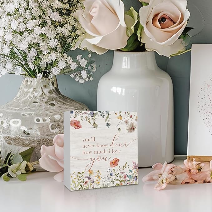 Wildflower Nursery Decor Wooden Sign Desk Decor, Boho Floral Nursery Decorative for Baby Girl Room, You'll Never Know Dear How Much I Love You Sign Shelf Desk Decorative 5x5 Inch