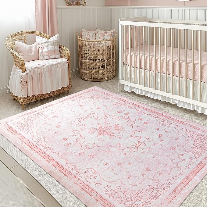 Pink Small Area Rug 3x5 for Entryway - Aesthetic Bow Washable Vanity Floral Mini Throw Rug for Bedside Girls Bedroom Classroom Kitchen Entry Way Front Door Indoor Entrance Inside House Bathroom