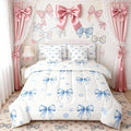 7 Pieces Blue Bowknot Kids Comforter Twin Size,Geometric Dots Bow Tie Patchwork Romantic Bedding Set,Bow Knot Princess Cute White Chic（Comforter+Fitted+Flat+2 Pillowcases+2 Throw Pillow Covers）
