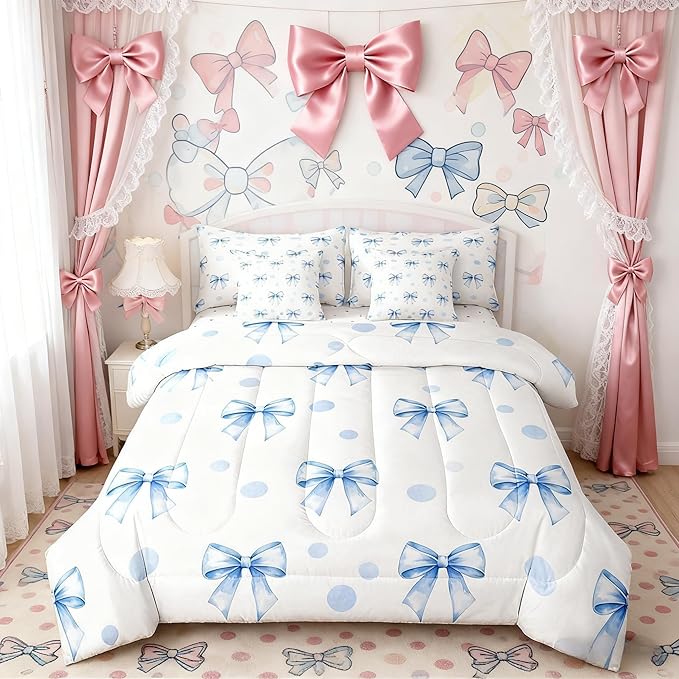 7 Pieces Blue Bowknot Kids Comforter Queen Size,Geometric Dots Bow Tie Patchwork Romantic Bedding Set,Bow Knot Princess Cute White Chic（Comforter+Fitted+Flat+2 Pillowcases+2 Throw Pillow Covers）