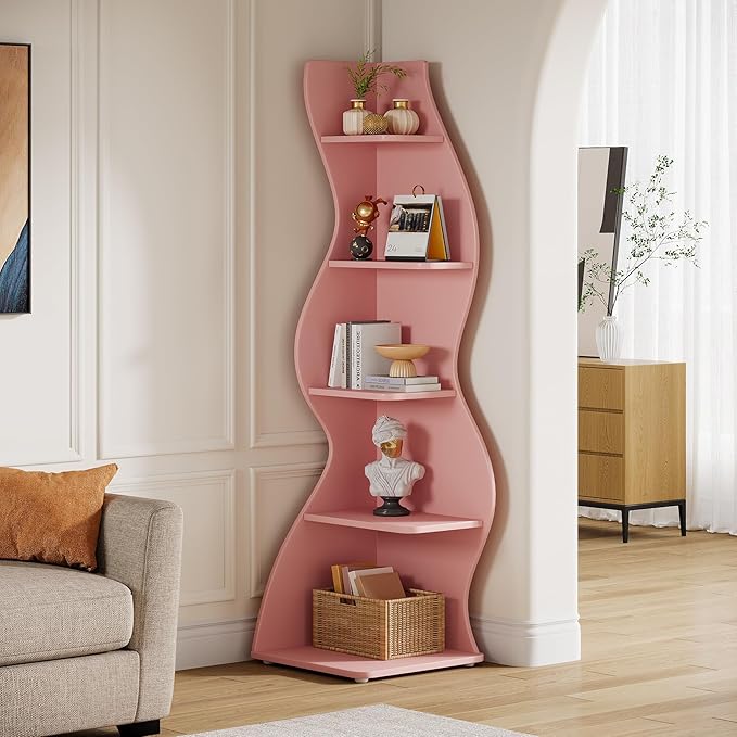 Tribesigns Wavy Corner Shelf, Modern 5-Tier Bookshelf Bookcase with Curvy Shape, Unique Plant Stand Display Rack for Living Room Small Space (Pink)