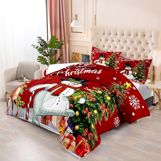 LUVIVIHOME 3PCS Merry Christmas Comforter Set Full Size, Boys Girls Kids Bedding, Cartoon Funny Cute Snowman Deer Elk Cardinal Snowflake Xmas Tree Christmas Bedroom Decor, Red Quilt, 2 Pillow Shams