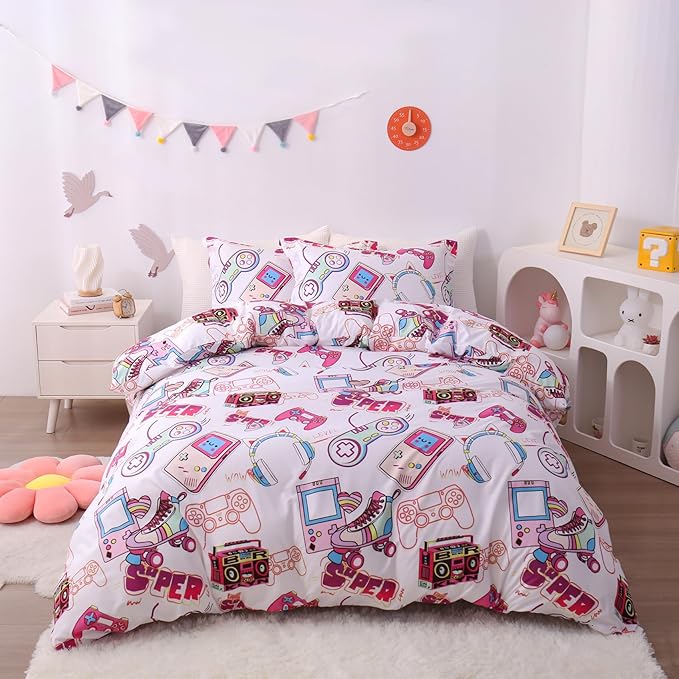 JSD Pink Gamer Kids Duvet Cover Set Twin Size, 2 Piece Soft Printed Microfiber Comforter Cover with Pillow Sham Zipper Closure, Comforter Not Included