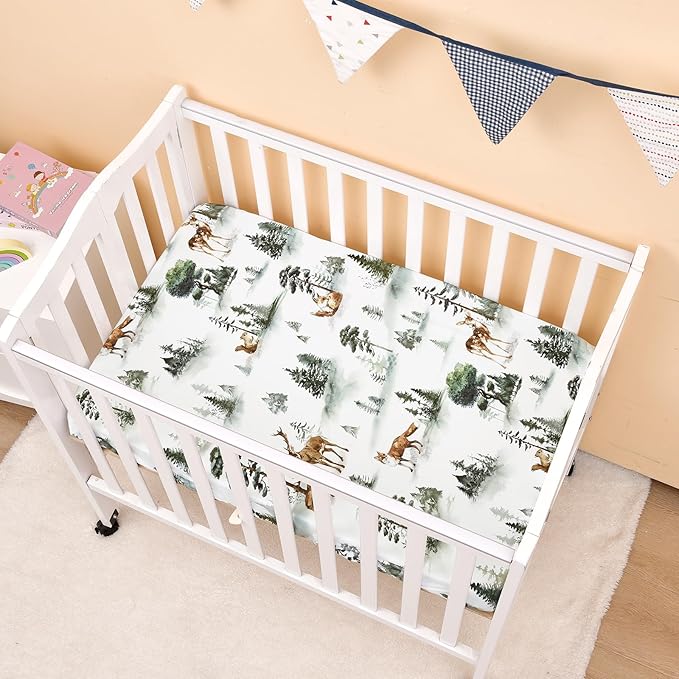 PHF 3 Pack Soft Mini Crib Sheets, Woodland Silky Pack N Play Sheets for Baby Boys Girls Neutral, Universal Fit for Pack N Play, Playard, Portable and Mini Crib Mattresses, Woodland