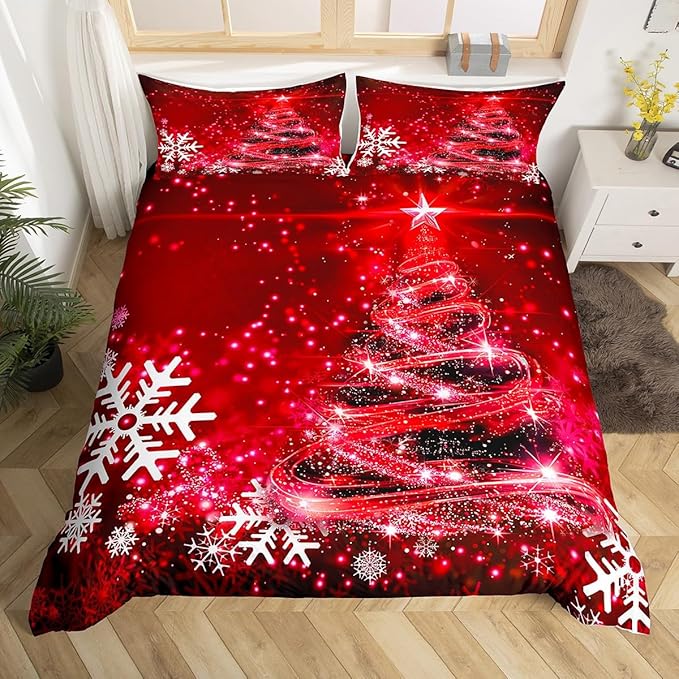 Manfei Red Xmas Tree Duvet Cover Set Twin Size, White Snowflake Print Bedding Set 2pcs for Kids Boys Girls Bedroom Decor, Christmas Theme Comforter Cover with 1 Pillowcase,No Comforter