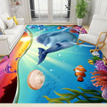 Blue Dolphin Area Rug for Bedroom, 5x7ft, Undersea Ocean Animal Print Indoor Carpet, Beach Tropical Fish Home Decor Playing Mat, Low Pile Breathable Non Shedding Rugs for Kids Room