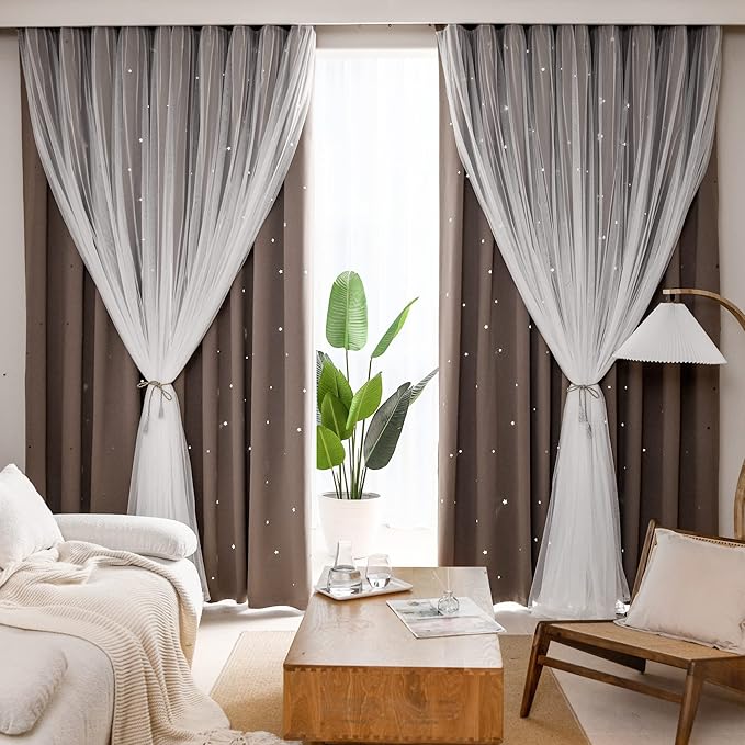Kinryb Kids Blackout Curtains for Bedroom/Living Room/Classroom, Sheer Overlay 2 Free Tiebacks, Double Layer Curtains with Star Cutout for Kids Room(Each Piece W 70 x L 84 Inches 2 Pcs Coffe)