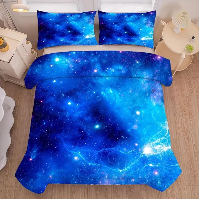kxry Blue Galaxy Space Comforter Set Queen Size Outer Space Starry Sky Universe Bedding Sets for Girls Teens Kids Soft Microfiber Lightweight Comforter Set with 1 Comforter + 2 Pillow Cases
