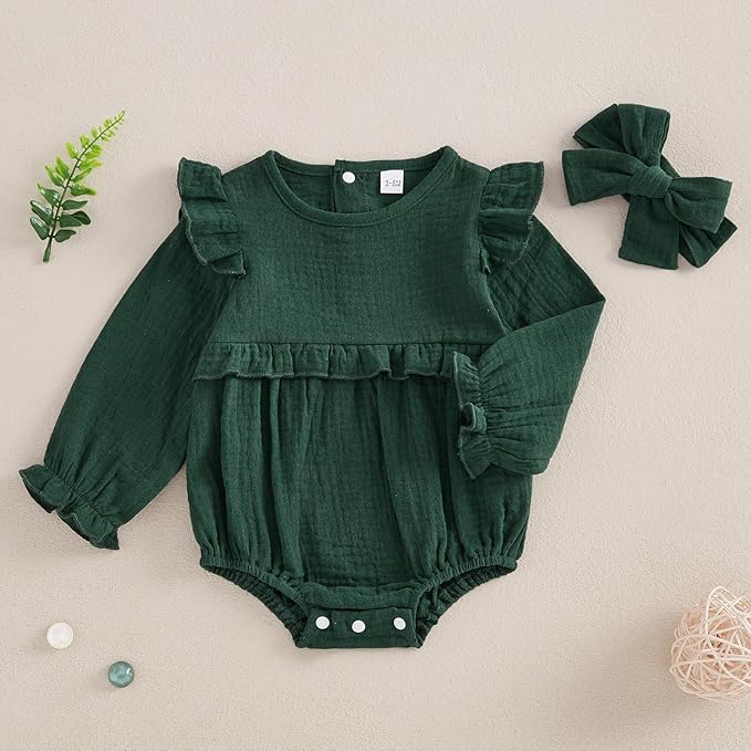 Newborn Infant Baby Girl Clothes Cotton Linen Long Sleeve Smocked Bubble Romper Ruffle Bodysuit Jumpsuit Fall Outfit
