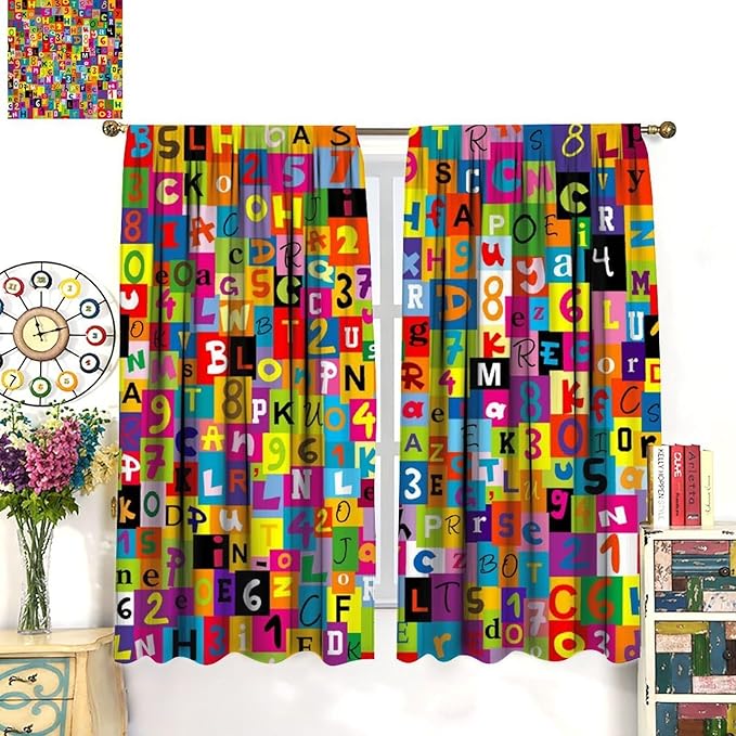 ABC Alphabet Curtains Colorful Art Patchwork Alphabet Graffiti Cartoon Print Curtain with Rod Pocket for Bedroom Living Room Home Decor Drapes Window Treatments 2 Panels Set 42" W X 54" L
