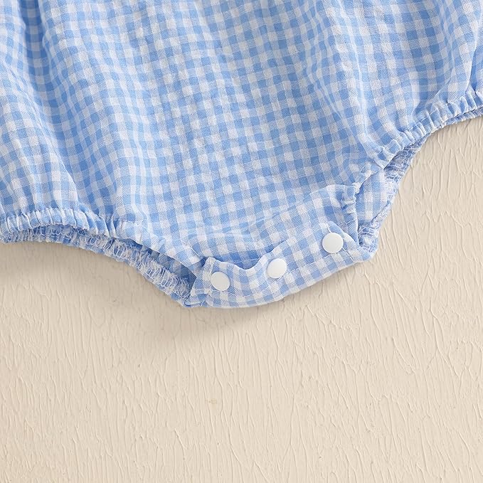 Baby Girl Smocked Western Romper Short Sleeve Bubble Rompers Summer Clothes Plaid Print Embroidery Bow Bodysuit Tops