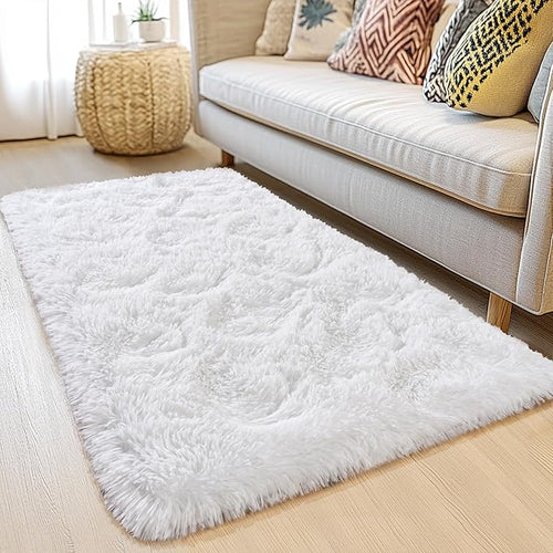 2x6 Fluffy Area Rug - Soft Shag Runner Rug for Bedroom - Non Slip Runner Living Room Rug Plush Carpet Runner White
