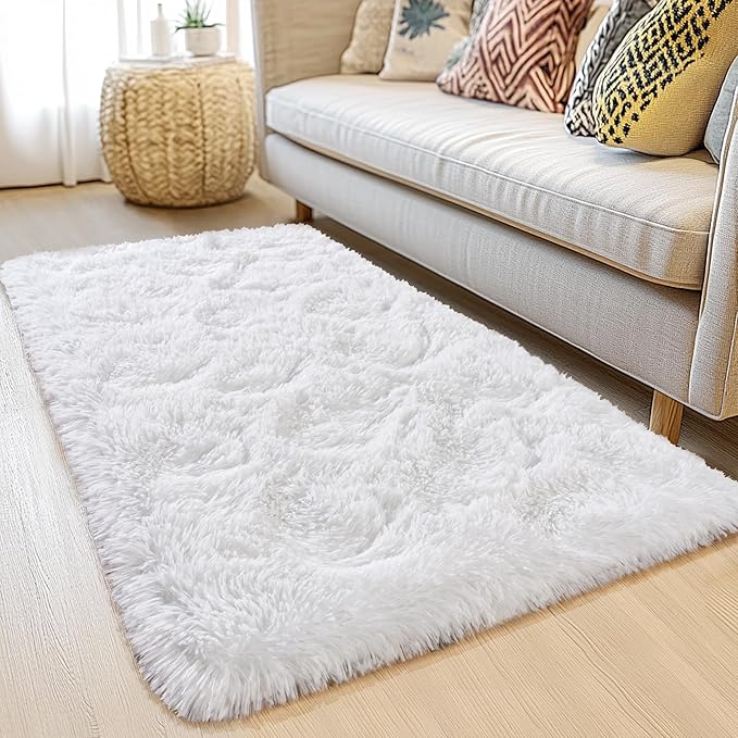 Fluffy 4x6 Area Rug–1.4" High-Pile Plush Carpet, Fuzzy Nursery Rugs for Bedroom, Soft Throw Rug for Living Room–White